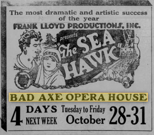 Bad Axe Opera House - 24 Oct 1924 Ad (newer photo)